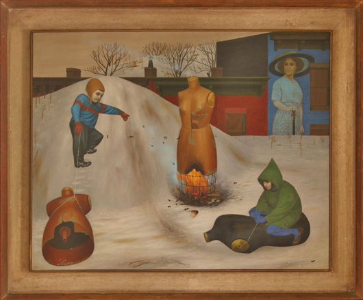 Henry Koerner (1915-1991) 'Tailor's Dummies,' 1943 oil on panel, oil on Masonite, 30 x 40 inches. Estimate: $80,000-$120,000. Dirk Soulis Auctions image